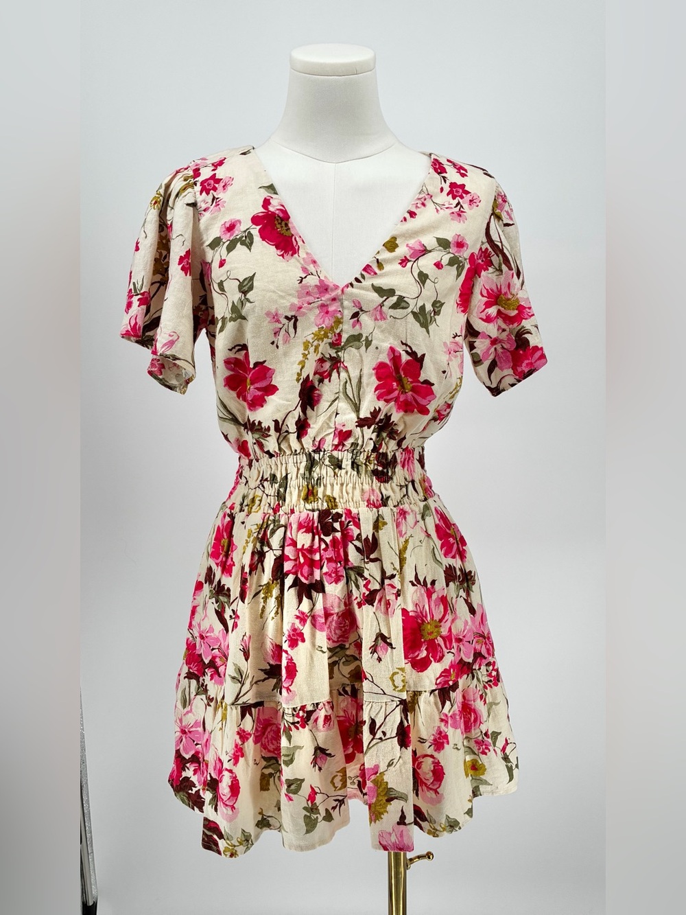 Abercrombie Floral Smocked Waist Linen Blend Flutter Sleeve Tiered Mini Dress SP